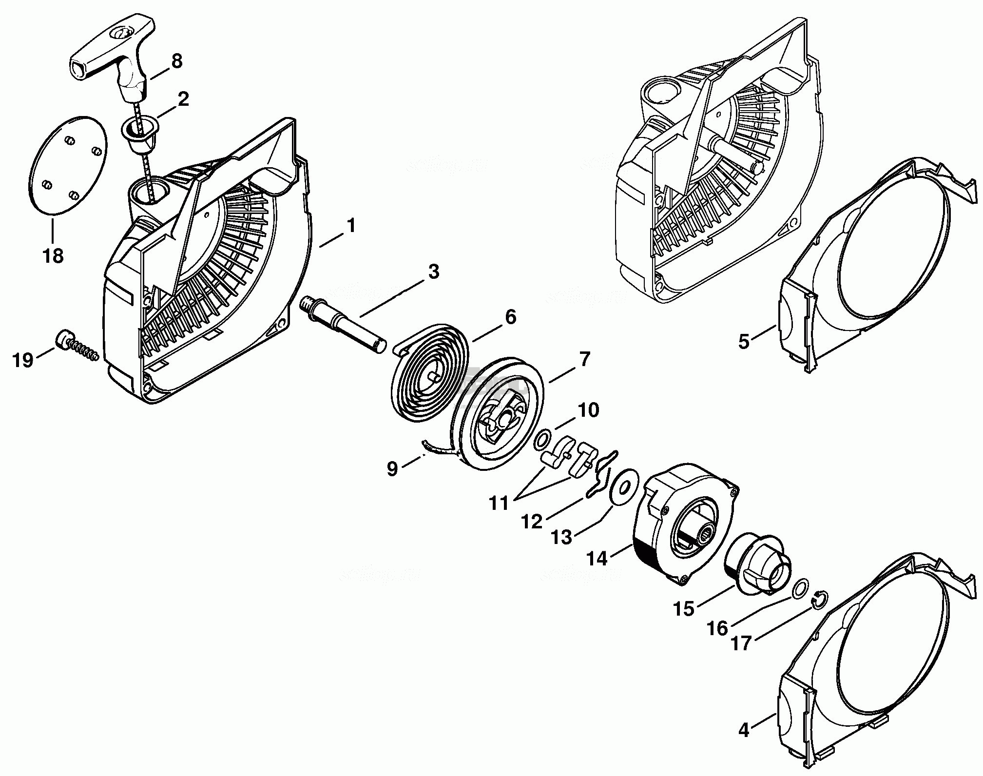 Корпус вентилятора с пусковым устройством (Деталировка 2) для бензопилы Stihl MS 230, MS 230 C