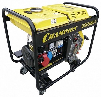Генератор Champion DG6500E дизельный 5/5,5Квт 8,5лс12л 93,5кг1,4л/ч 12V эл.старт колеса счетчик акк*