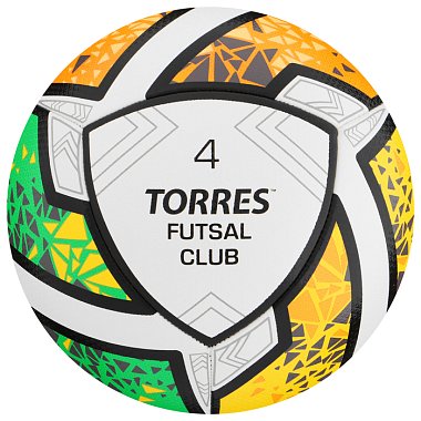 Мяч футзал. TORRES Futsal Club, р.4, 10 пан. PU, 4 под. сл, гибрид. сш. бело-зол-чер