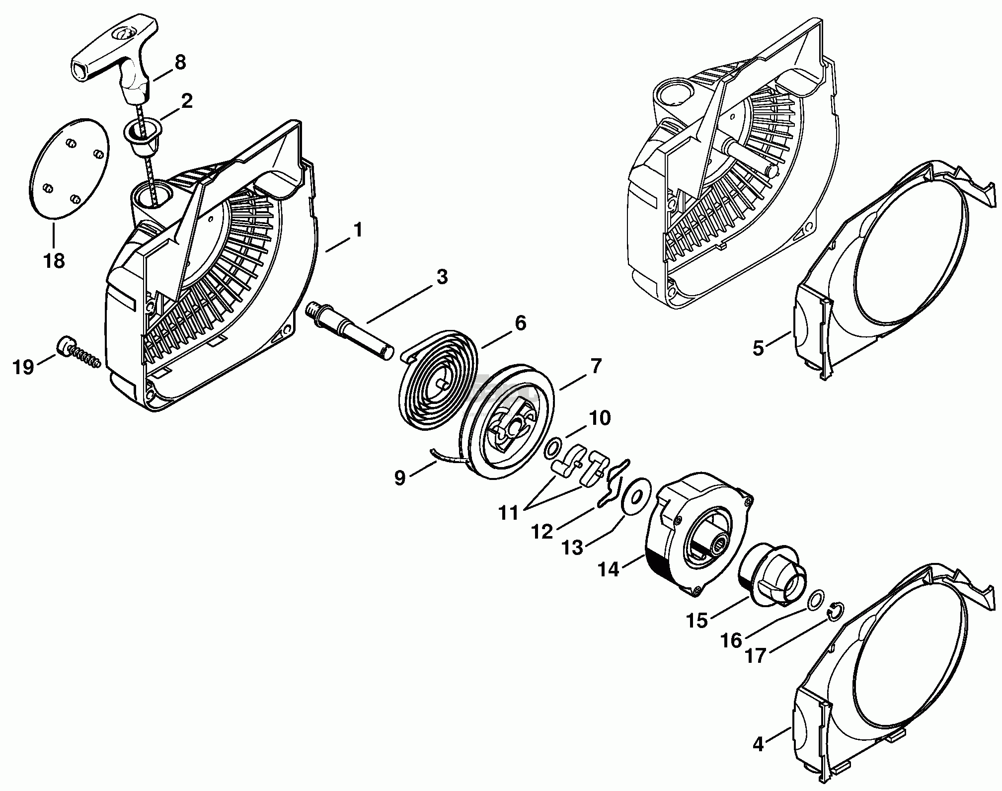 Корпус вентилятора с пусковым устройством (Деталировка 2) для бензопилы Stihl MS 250, MS 250 C