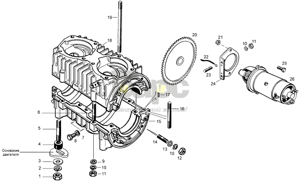 Картер двигателя с электростартером и шестерней запуска для снегоходов «Буран» СБ-640А, СБ-640М, СБ-640МД 