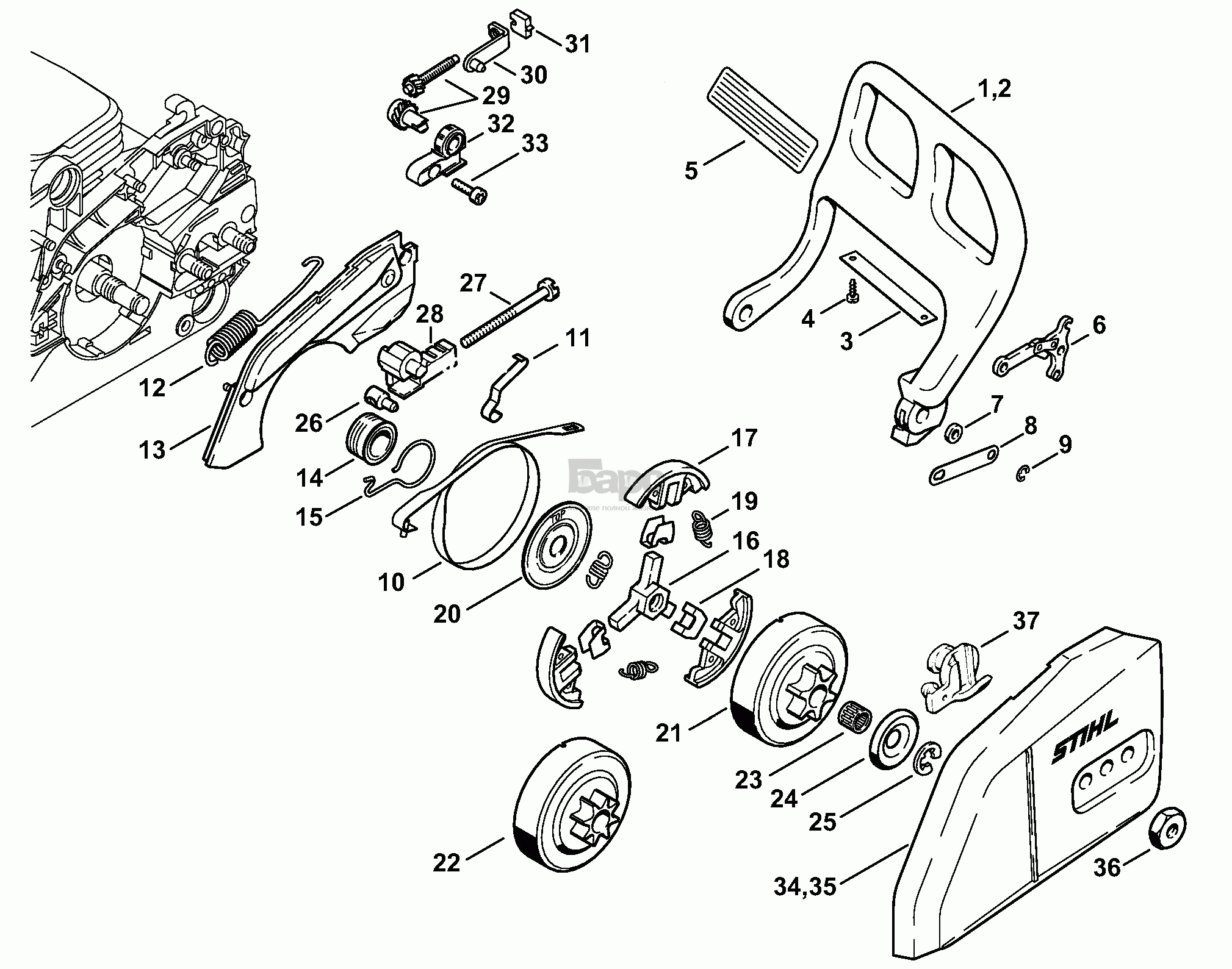 Устройство для защиты рук - Тормоз пильной цепи для бензопилы Stihl MS 180, MS 180 C